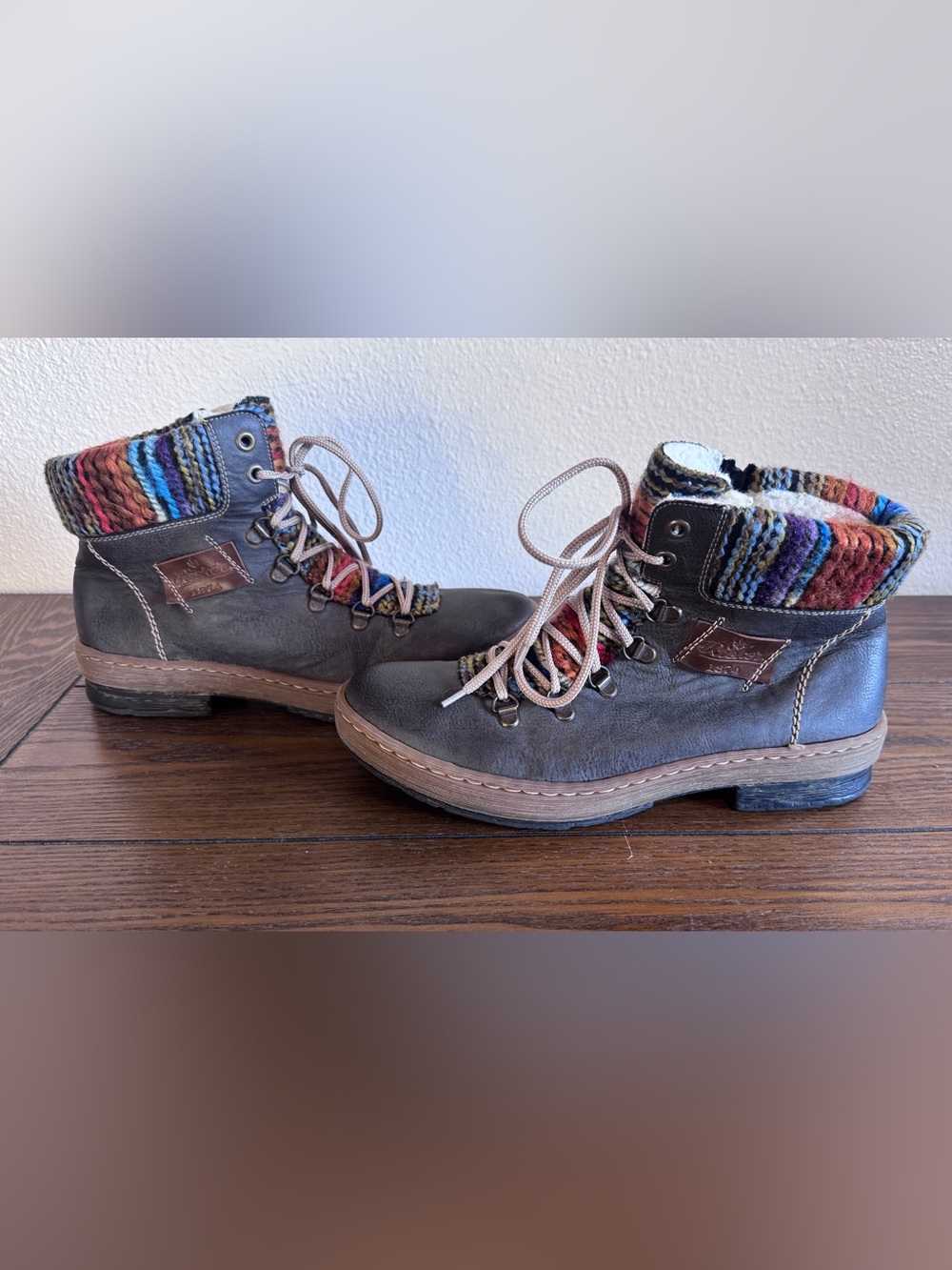 Rieker Antistress Knit Cuff Winter Boots Gray Faux Fur Lined Sz 40 9-9.5 US